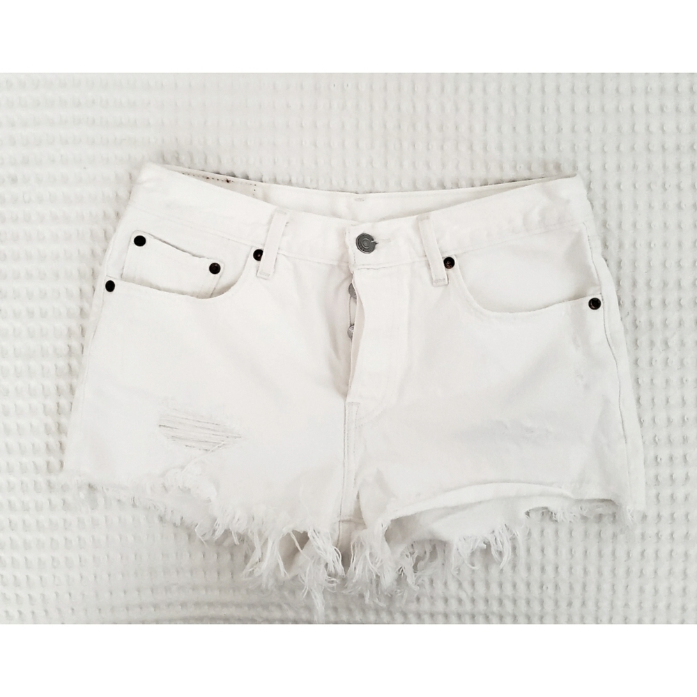 LEVI'S white denim 501 button fly distressed frayed mini shorts 27 - Picture 3 of 6